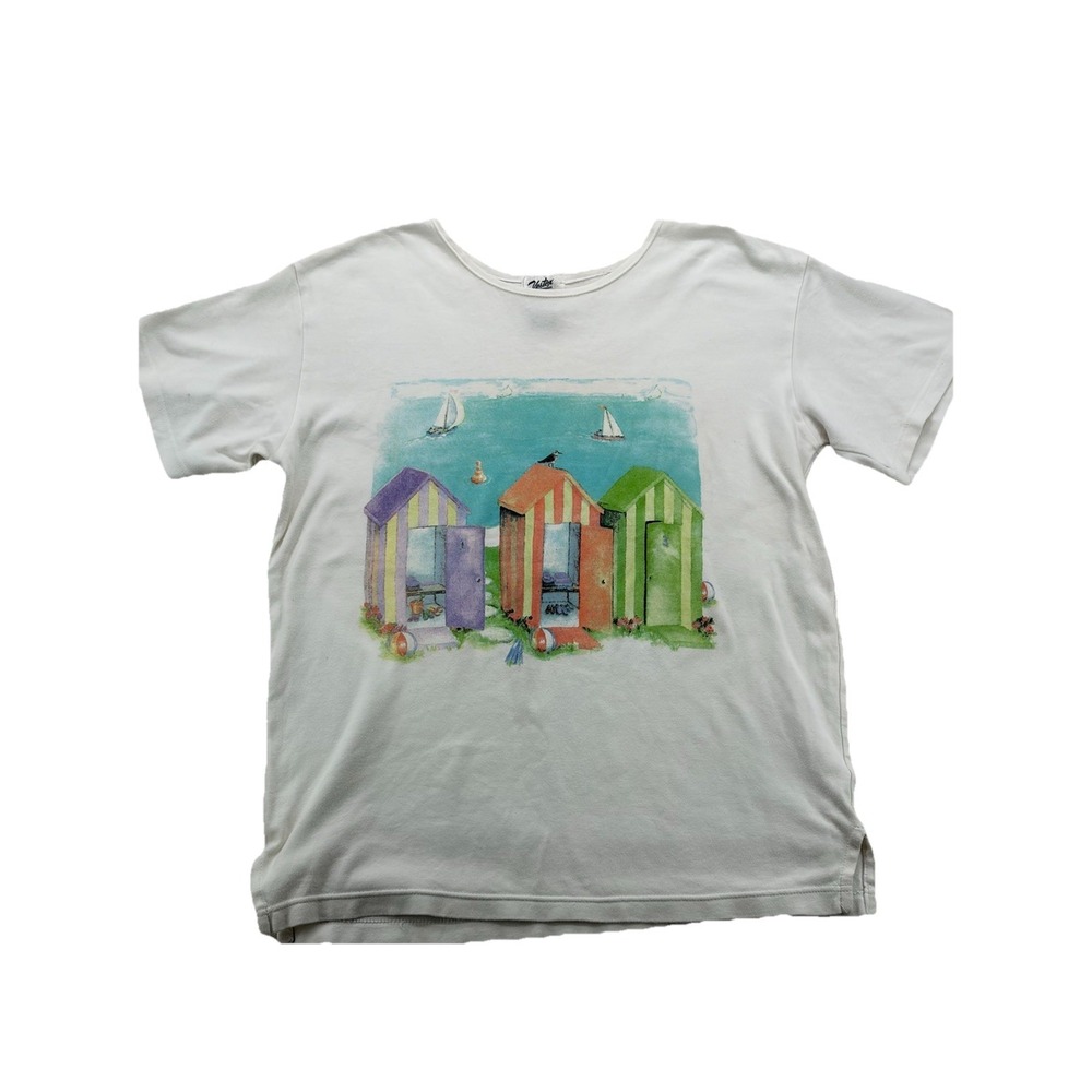 VTG Vester Shirt  L White Beach Huts Coastal grandma Art Print Y2K 100% Cotton
